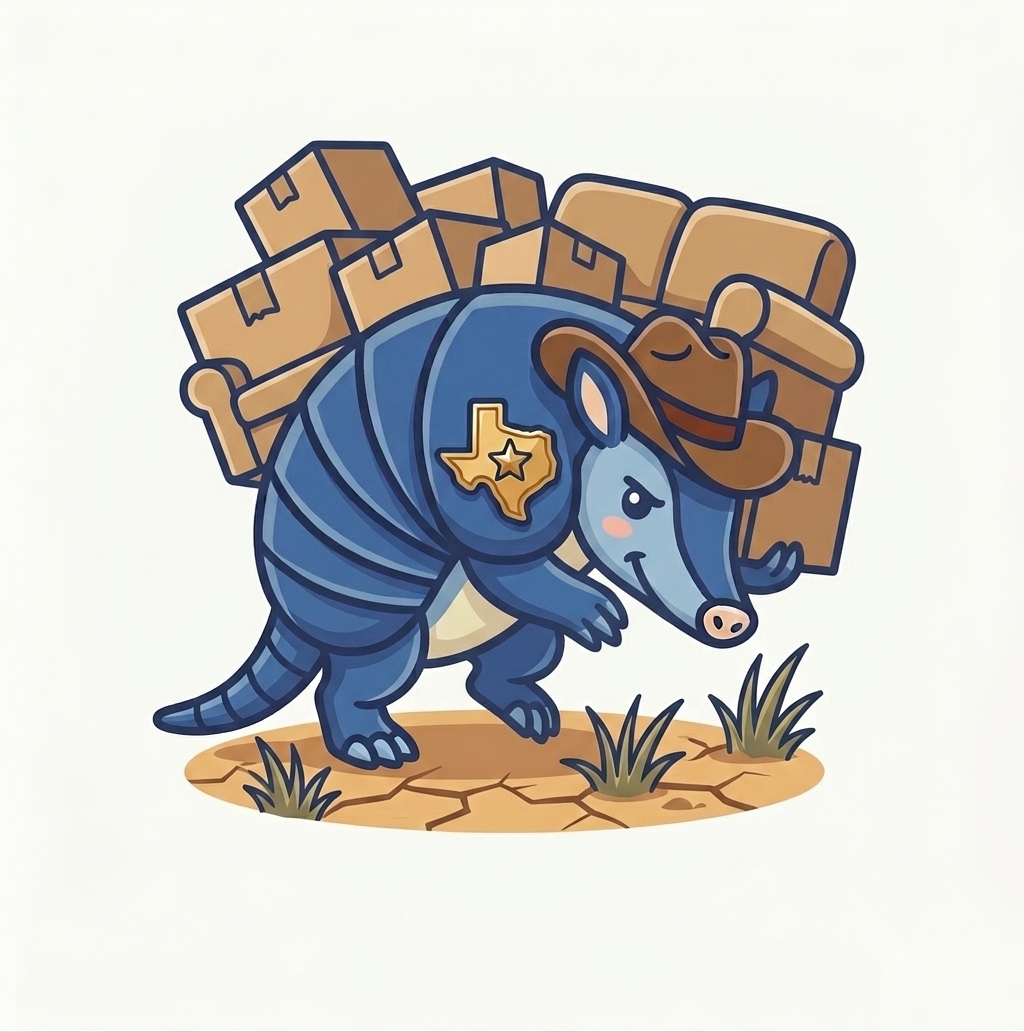 A cartoon armadillo in a cowboy hat carrying a stack of moving boxes on its back