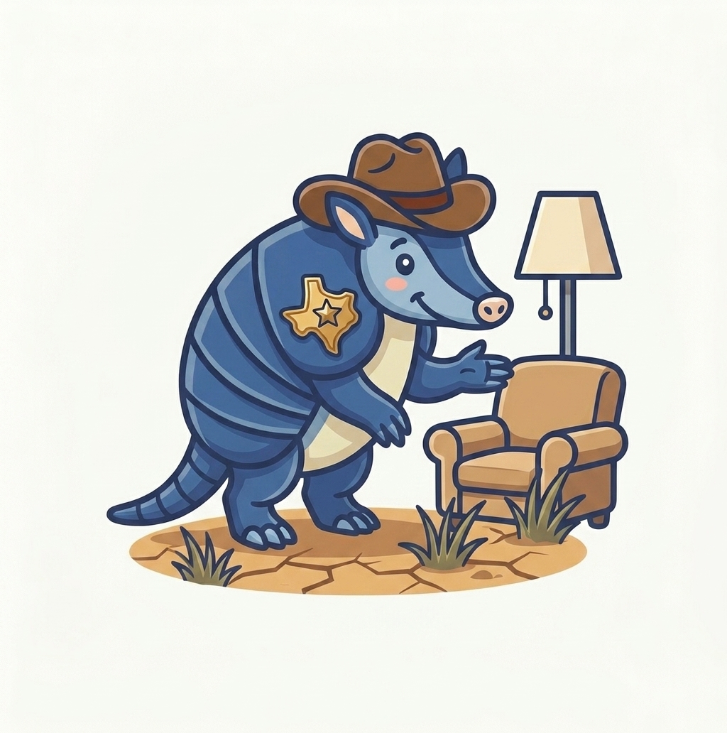 Armadillo gesturing toward an armchair and lamp